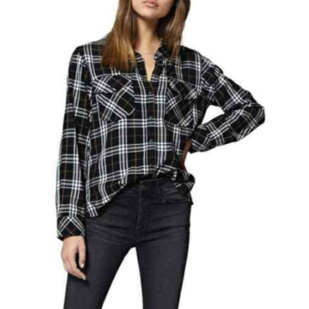 SANCTUARY Womens Shirt Top Size Small Boyfriend Plaid Snaps Roll‎ Tab Sleeves